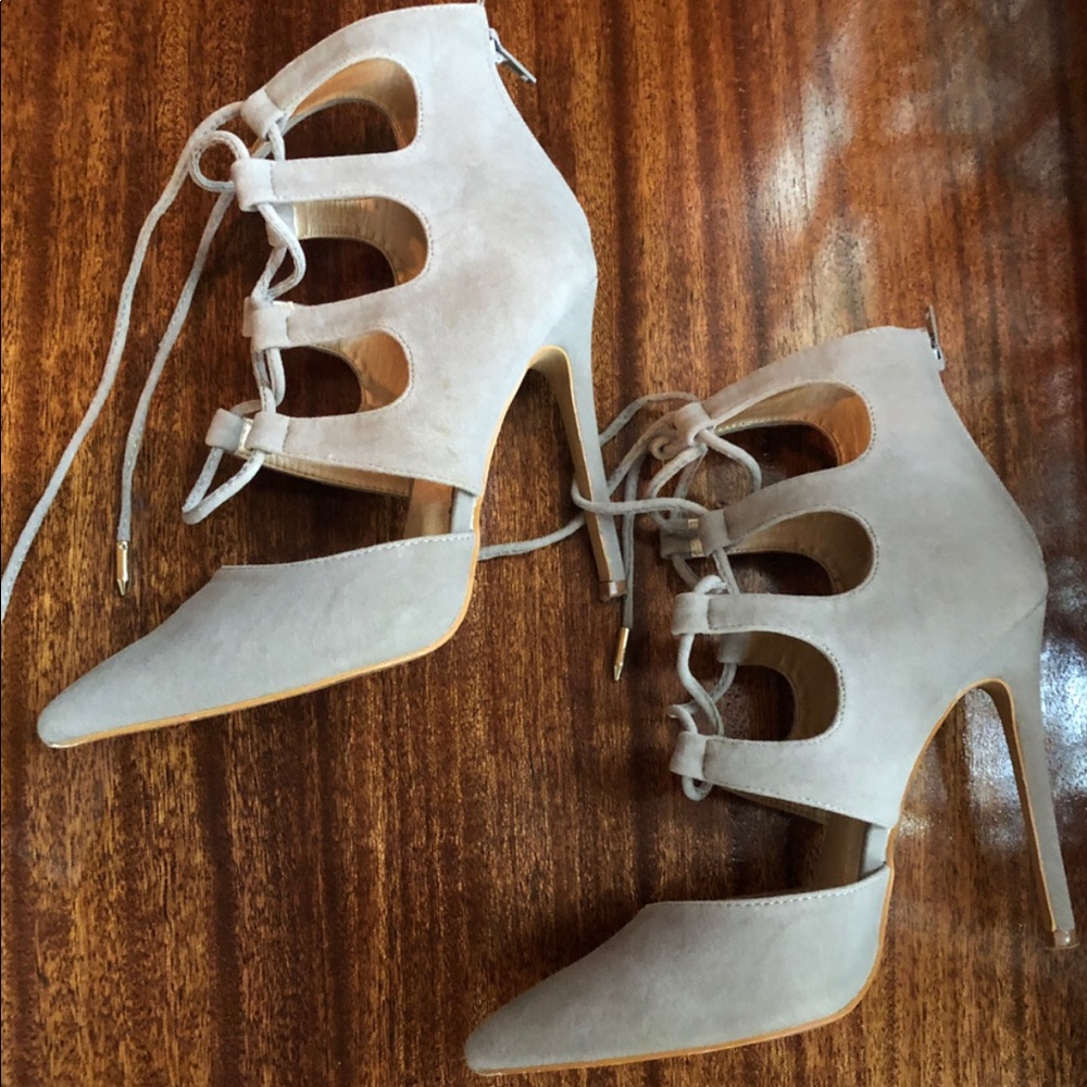 Lace up stilettos heels grey velvet suede